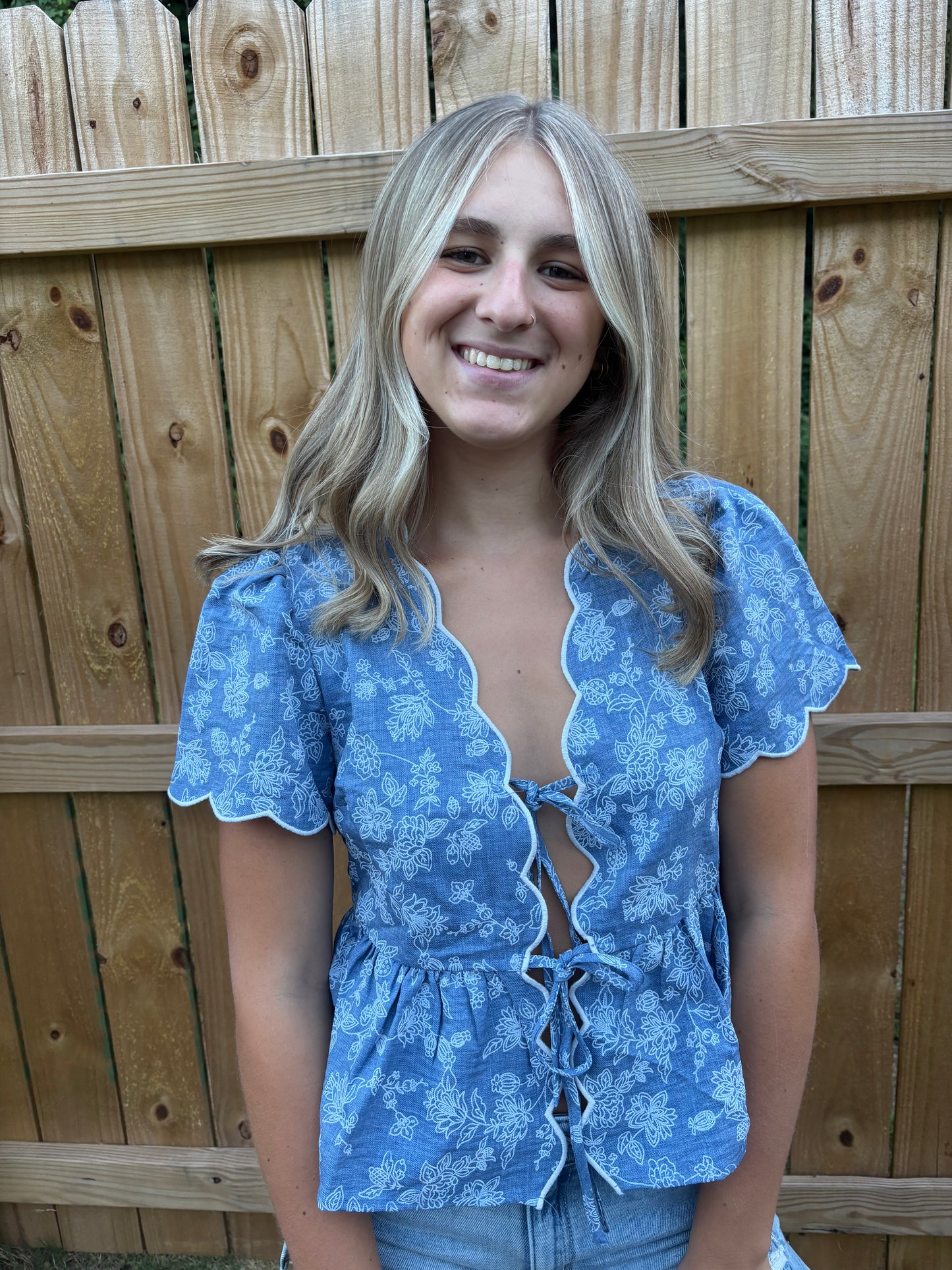 Denim floral tie top