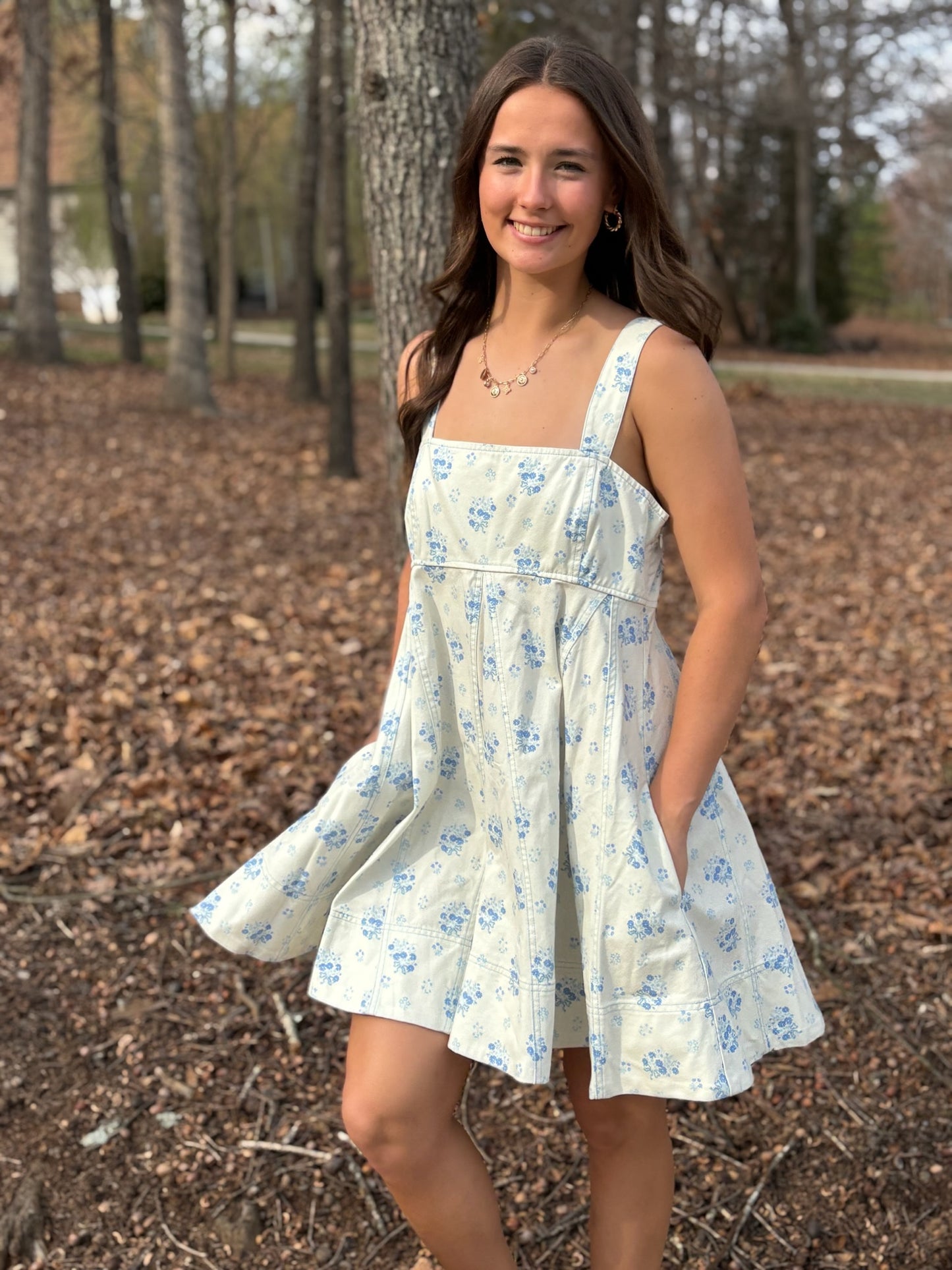 White Floral denim dress