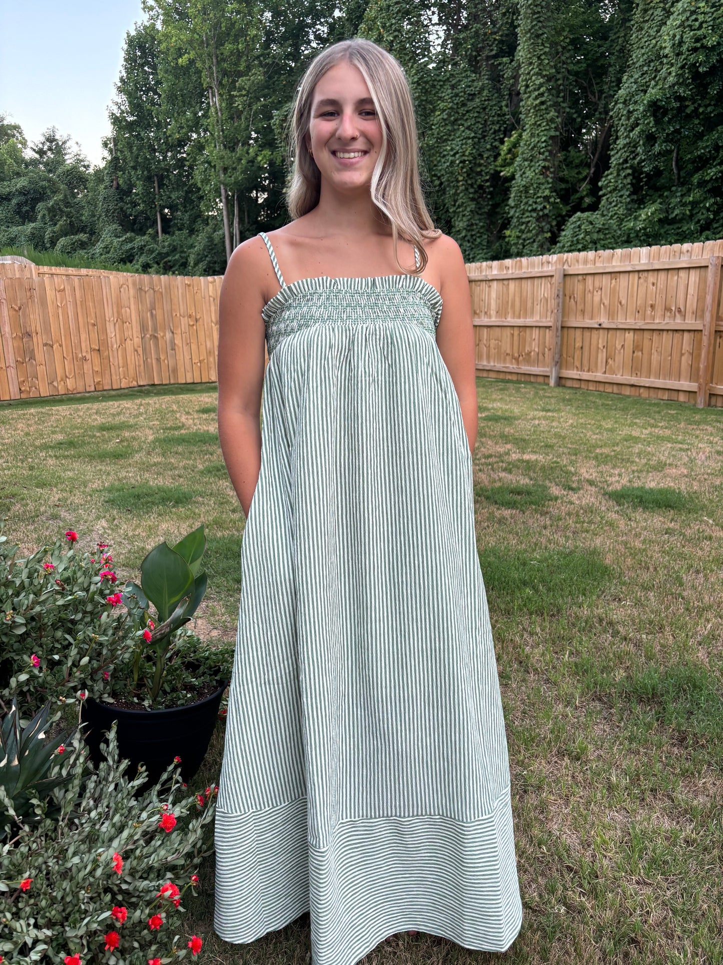 Green Embroidered Smocked Dress