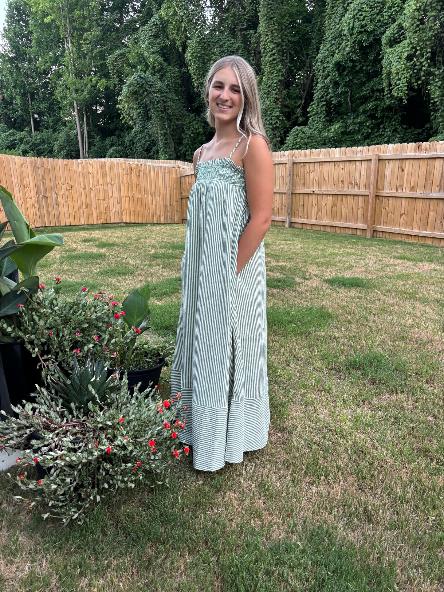 Green Embroidered Smocked Dress
